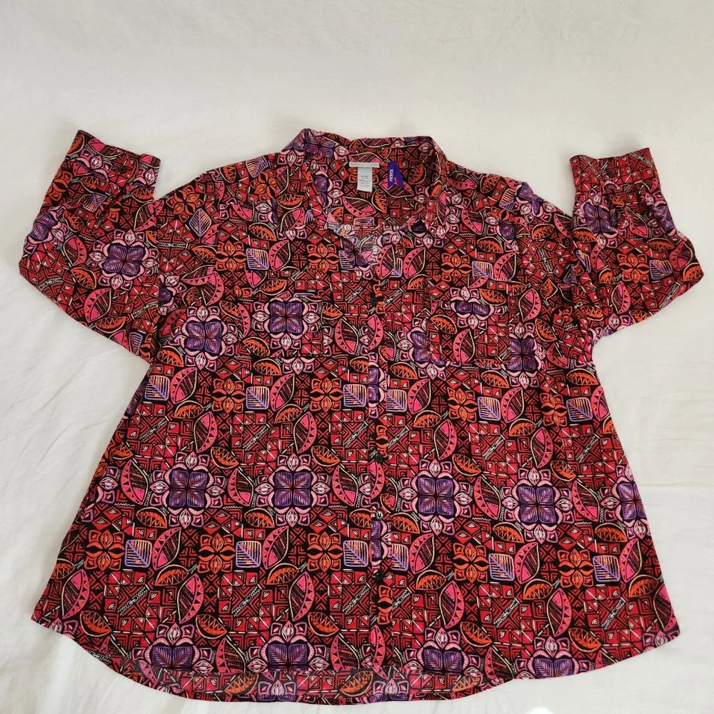 CATHERINES Multicolor AbstractPrint Full Button Down Shirt PLUS PETITE Size 3XWP - Picture 8 of 14